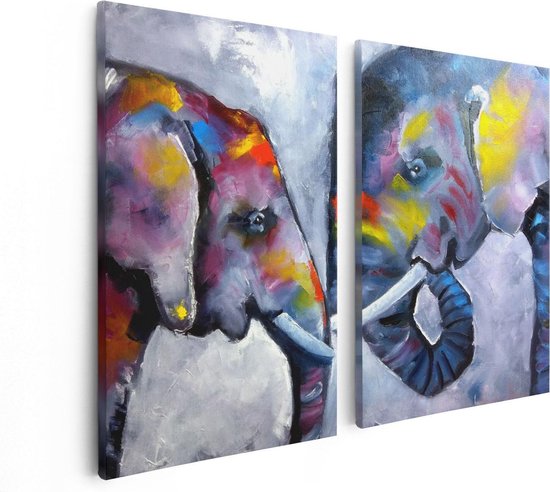 Artaza Canvas Schilderij Tweeluik Twee Getekende Olifanten - Abstract - 80x60 - Foto Op Canvas - Canvas Print