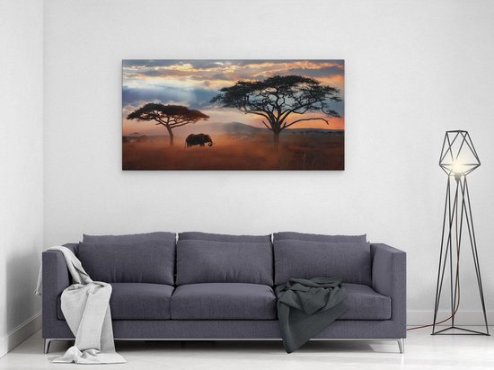 Artaza Canvas Schilderij Olifant - 120x60 cm - Groot - Wanddecoratie Afrika - Muurdecoratie Zonsondergang - Schilderijen Op Canvas
