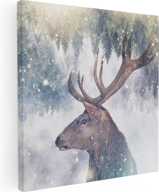 Artaza Canvas Schilderij Hertenkop - Hert Op Een Bomen Achtergrond - 50x50 - Foto Op Canvas - Canvas Print