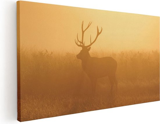 Artaza Canvas Schilderij Hert Tijdens De Mist - 40x20 - Klein - Foto Op Canvas - Canvas Print