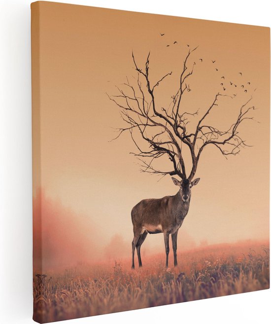 Artaza Canvas Schilderij Hert Met Een Bomen Gewei - 80x80 - Groot - Foto Op Canvas - Canvas Print