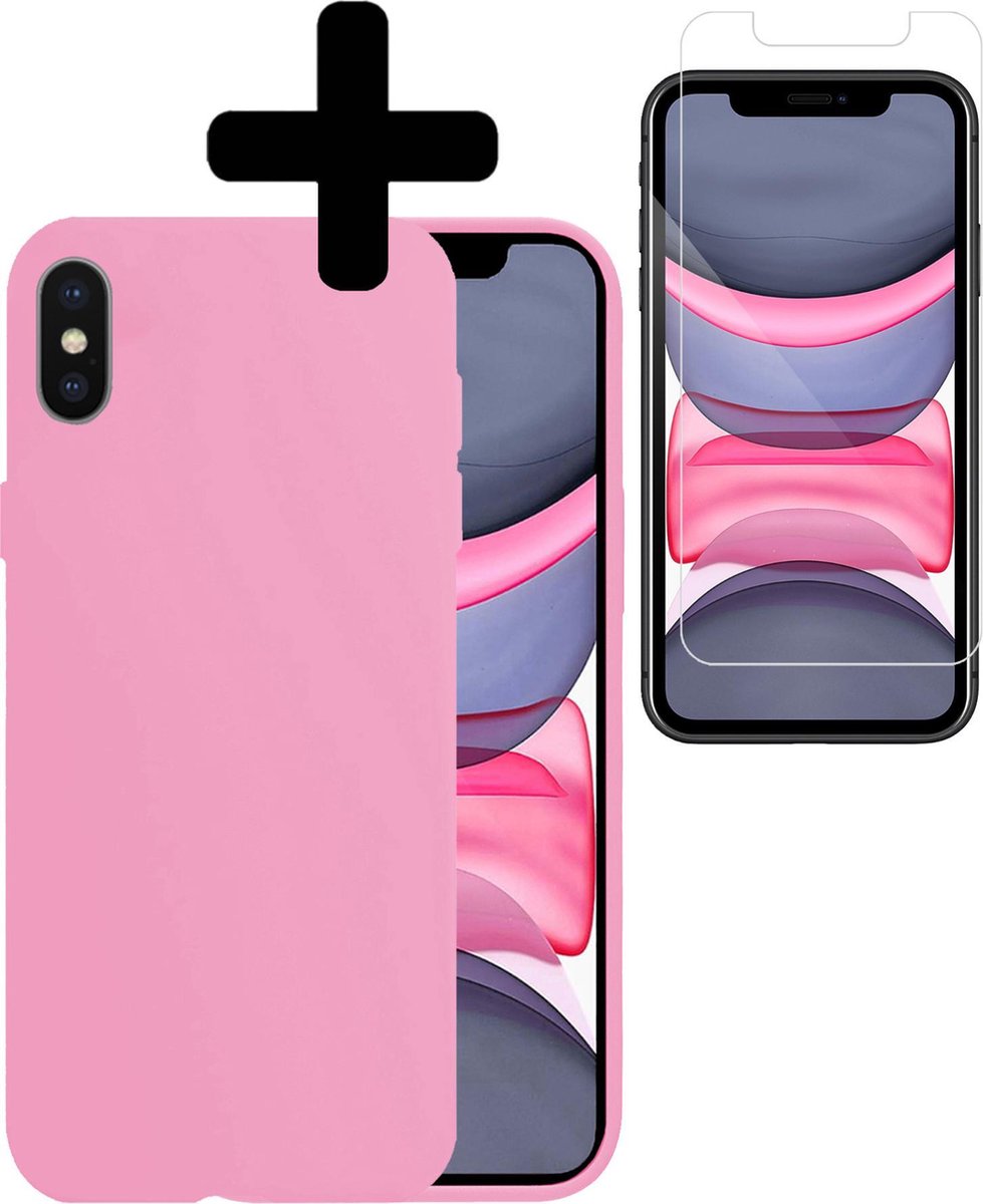 Hoesje - Met Screenprotector - Geschikt voor Apple iPhone Xs - Sterk & Shockproof - Back Cover - Siliconen Case - Telefoon Hoes - Telefoonhoesjes - Roze
