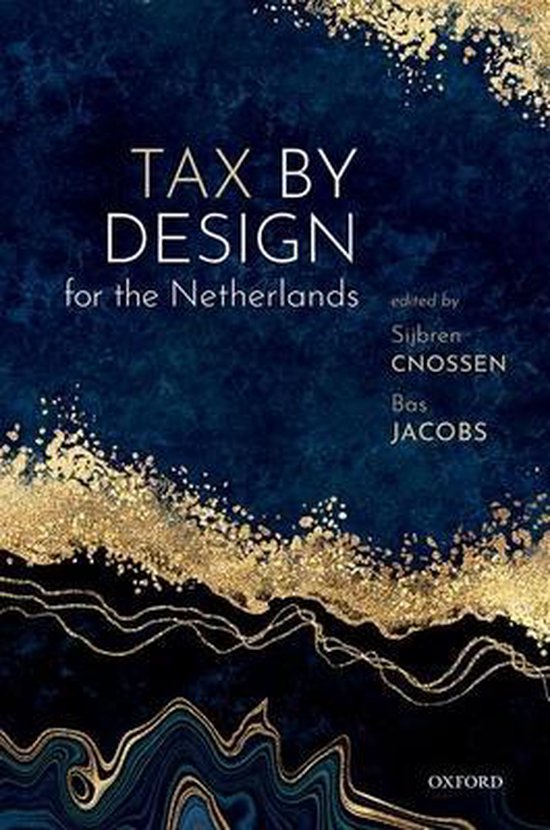 Boek 'Tax by Design for the Netherlands', met een donkerblauwe, marmerachtige achtergrond met gouden accenten. Titel en auteursnamen in witte en gouden letters.