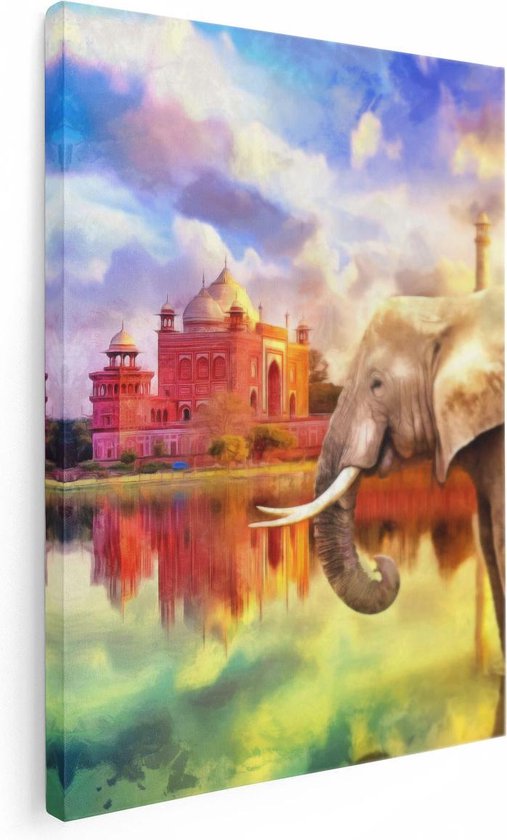 Artaza Canvas Schilderij Getekende Olifant Bij Taj Mahal - Abstract - 30x40 - Klein - Foto Op Canvas - Canvas Print