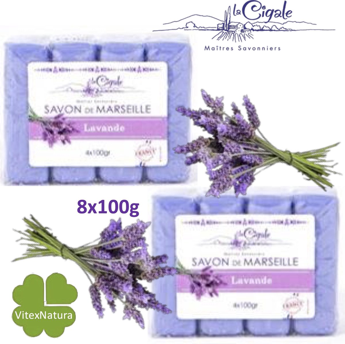 La Cigale Savon de Marseille Zeep - Glycerine en Lavendel - 100 gram - 8 Zeepblokken