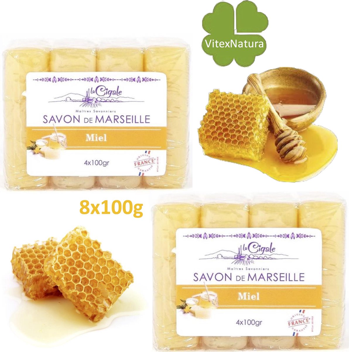 La Cigale Savon de Marseille Zeep - Glycerine en Honing - 100 gram - 8 Zeepblokken