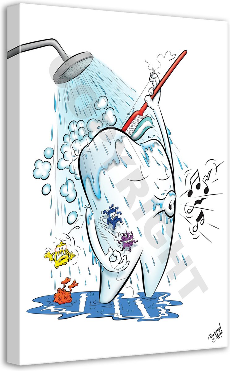 Tandarts Cartoon op canvas - Roland Hols - Wassende kies - 90 x 60 cm - Houten frame 4 cm dik - Orthodontist -Mondhygiënist