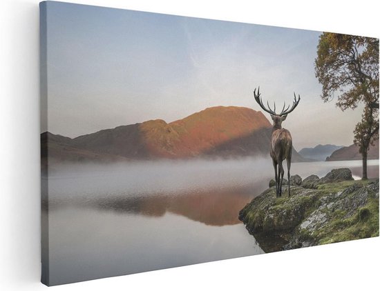Artaza - Peinture sur toile - Cerf au bord d'un lac - 80x40 - Photo sur toile - Impression sur toile