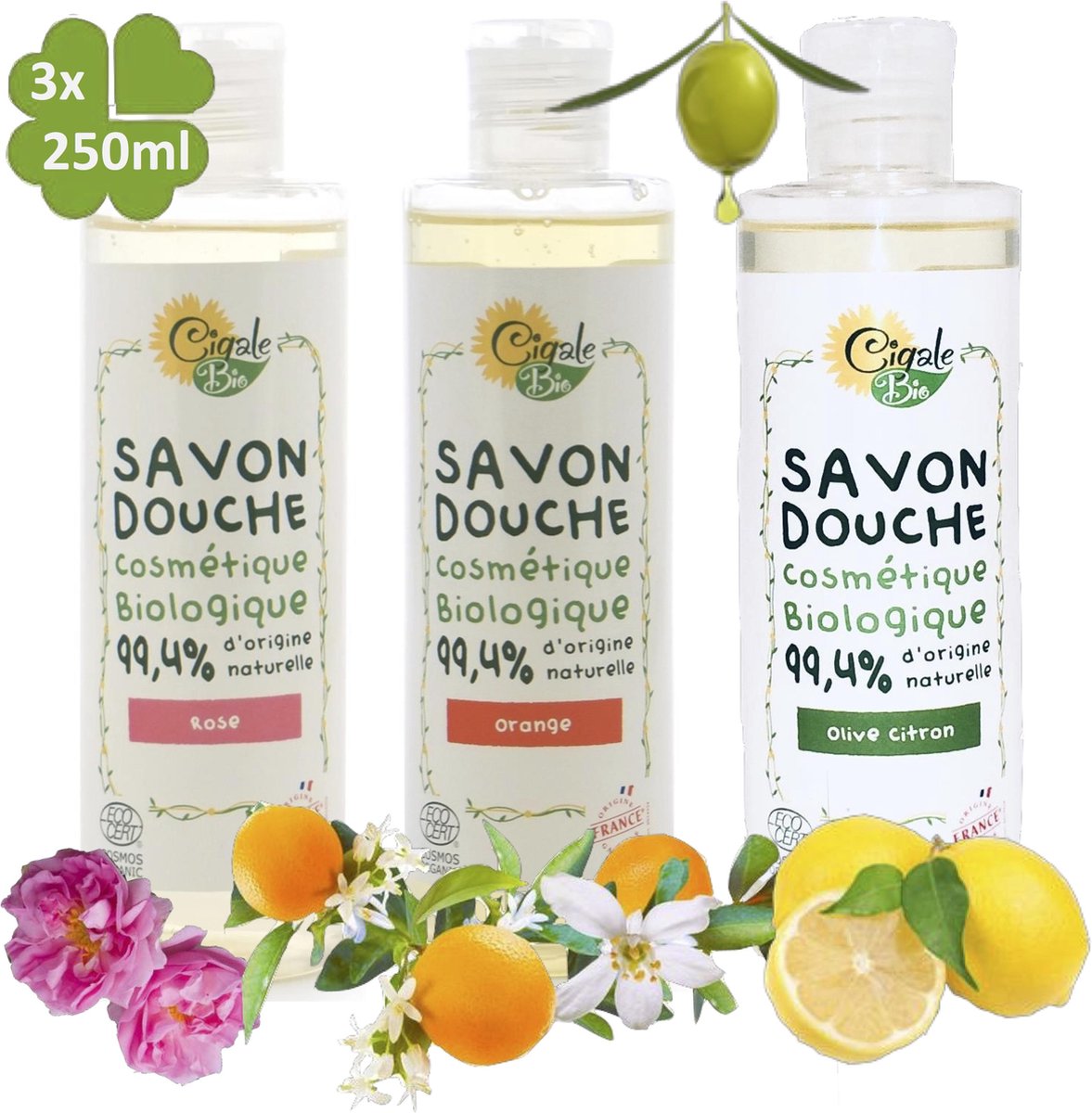 Goedkoopste Cigale Bio Voordeel assortiment. Biologische rozen douchegel 250ml Biologische Sinaasappel bloesem douchegel 250ml . Biologische Olijf olie douchegel 250ml. Zonder conserveermiddel - kleur