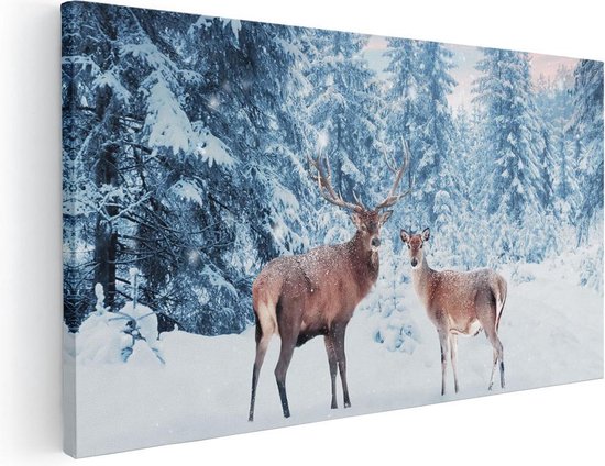 Artaza Canvas Schilderij Twee Herten In Het Bos Met Sneeuw - 100x50 - Groot - Foto Op Canvas - Canvas Print