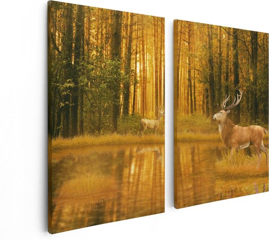 Artaza - Canvas Schilderij - Twee Herten In Het Bos Bij Het Water - Foto Op Canvas - Canvas Print