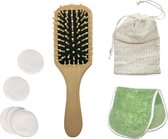 green-goose® Haar Verzorgingspakket | Bamboe Haarborstel | Gezichtreinigingsdoek | 5 Make-up Remover Herbruikbare Wattenschijfjes | Waszakje | Duurzaam | Minimal Waste