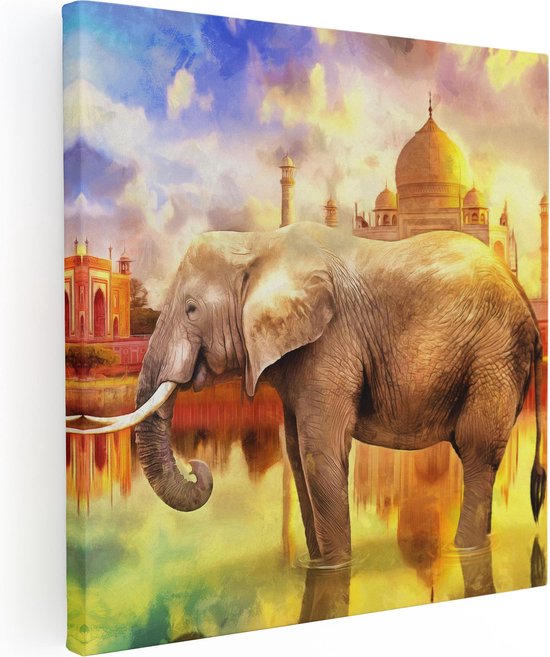 Artaza Canvas Schilderij Getekende Olifant Bij Taj Mahal - Abstract - 90x90 - Groot - Foto Op Canvas - Canvas Print