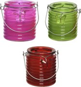 Set van 3x stuks citronella anti muggen kaarsen windlicht roze, groen en rood 20 branduren