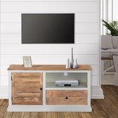 Meuble bas TV naturel/blanc, 110x35x57 cm, avec tiroir et meuble, en bois de manguier