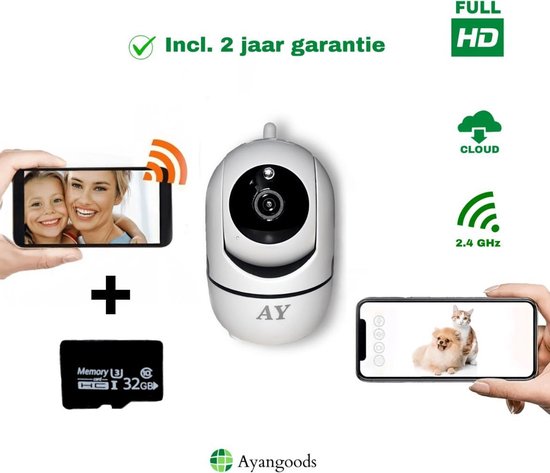 Ayangoods - Huisdiercamera - Hondencamera – Dog Camera - Baby Camera - Gratis SD kaart 32GB! – Pet Camera – Babyfoon Met Camera - Wifi - Werkt met app - Full HD - Two-way Audio - Nachtzicht - Beweeg en Geluidsdetectie - IP Camera - Petcam - Wit