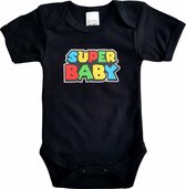 Zwarte romper met "Super baby" - maat 68 - babyshower, zwanger, cadeautje, kraamcadeau, grappig, geschenk, baby, tekst, bodieke, gamen