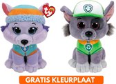 Ty Paw Patrol knuffel 2x zachte knuffels Everest en Rocky 15 cm met kleurplaat - schattig Kinder poppen speelgoed hondjes Nickelodeon