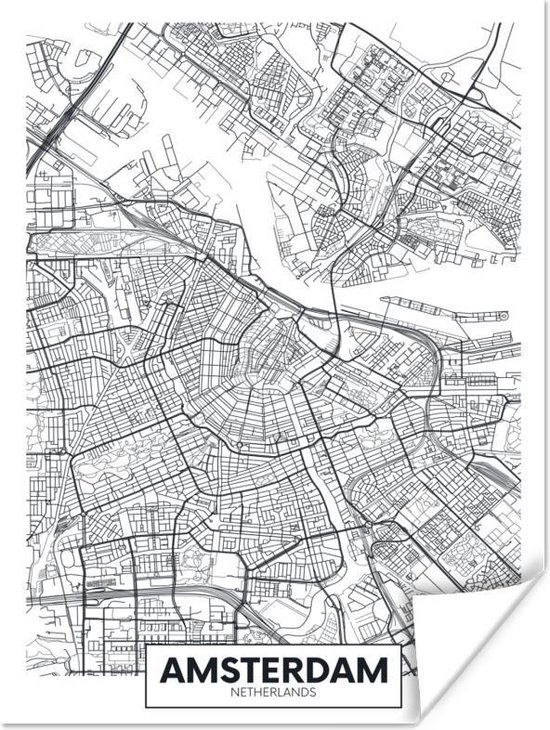 Affiche Plan de la ville - Amsterdam - Zwart - Wit - 90x120 cm
