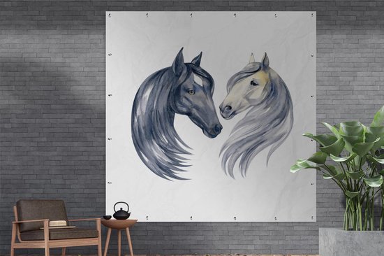 Affiche de Jardin Paarden - Aquarelle - Wit - Filles - Enfants - Meiden - 200x200 cm - Toile jardin - Affiche extérieure