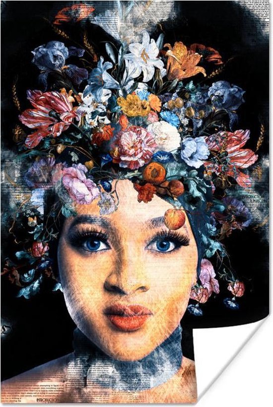 Poster Vrouw - Bloemen - Verf - 20x30 cm