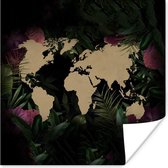 Poster Wereldkaart - Bruin - Bloemen - 100x100 cm XXL