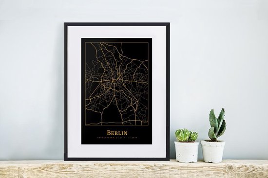 Affiche avec cadre Carte - Berlin - Zwart - Or - 30x40 cm