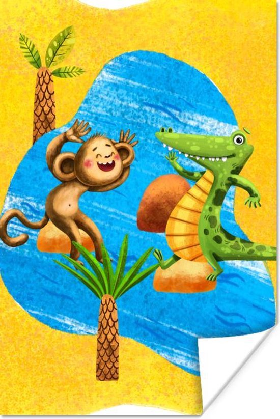 Poster Aap - Krokodil - Water - Palmboom - 40x60 cm