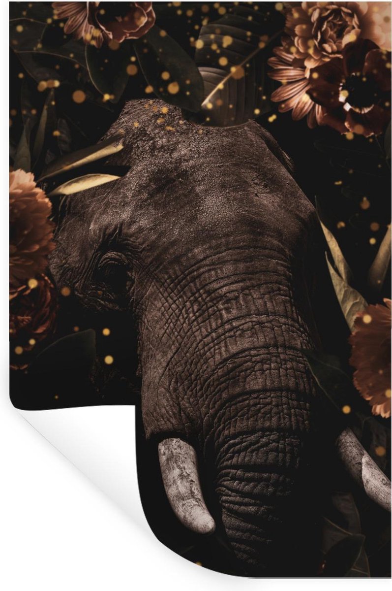 Muurstickers - Sticker Folie - Olifant - Bloemen - Goud - 60x90 cm - Plakfolie - Muurstick