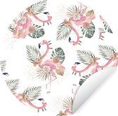 Papier peint Cercle - Flamingo - Fleurs - Feuilles - Motifs - 100x100 cm XXL