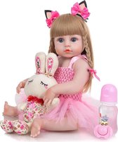 Reborn baby pop 'Mandy' - 55 cm - Blond meisje met roze outfit - Met knuffel, speen en fles - Full body vinyl - Levensechte babypop - Waterproof