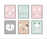 Poster Set 6 Biggetje Poesje Konijn Pinguin Alpaca Hondje hoofd Dieren - Kinderkamer - Dierenposter - Babykamer / Kinderposter - Babyshower Cadeau - Muurdecoratie - 80x60cm - Postercity