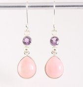 Zilveren oorbellen met roze opaal en amethist