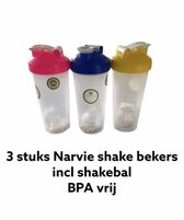 3x Narvie Shake Beker 600 ML Eiwitshaker - Kleur roze - Fitness Sport Shake Smoothie Beker Fles Bidon Blender Bottle - met bal - Doorzichtig