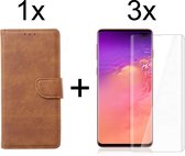 Samsung S10 Plus Hoesje - Samsung Galaxy S10 Plus hoesje bookcase bruin wallet case portemonnee hoes cover hoesjes - 3x Samsung S10 Plus screenprotector UV