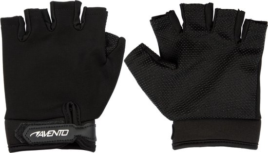 Zwarte Avento fitness handschoenen, mesh stof en siliconen grip.