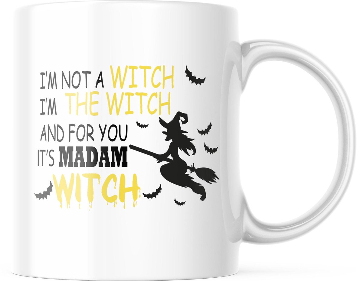Halloween Mok met tekst: It's madam witch - geel | Halloween Decoratie | Grappige Cadeaus | Koffiemok | Koffiebeker | Theemok | Theebeker