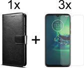 Motorola G8 Plus hoesje bookcase met pasjeshouder zwart wallet portemonnee book case cover - 3x Motorola G8 Plus screenprotector