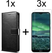 Nokia 2.3 hoesje bookcase met pasjeshouder zwart wallet portemonnee book case cover - 3x Nokia 2.3 screenprotector