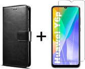 Huawei Y6P hoesje bookcase met pasjeshouder zwart wallet portemonnee book case cover - 1x Huawei Y6P screenprotector