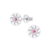 Joy|S - Zilveren hartjes bloem oorbellen - rond - 7 mm - kristal roze
