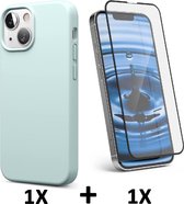 iPhone 13 Mini Hoesje Turquoise & Volledige Glazen Screenprotector - Siliconen Back Cover