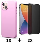 iPhone 13 Mini Hoesje Roze & 2X Privacy Glazen Screenprotector - Siliconen Back Cover