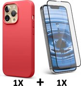 iPhone 13 Pro Hoesje Rood & Volledige Glazen Screenprotector - Siliconen Back Cover
