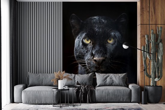 Behang - Fotobehang Panter - Zwart - Geel - Breedte 225 cm x hoogte 280 cm
