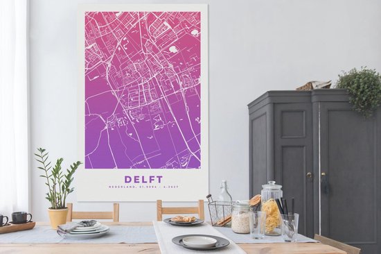 Tableau sur Toile City Map - Delft - Violet - 120x180 cm - Décoration murale XXL