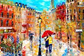 JJ-Art (Glas) 90x60 | Parijs, Frankrijk in veelkleurige abstracte geschilderde look | Eiffeltoren, regen, paraplu, man, vrouw, bloemen, cafe, bar, plein | Foto-schilderij-glasschil