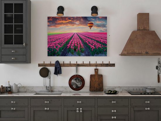 Artaza - Peinture sur toile - Champ de fleurs avec tulipes roses - Montgolfière - 60x40 - Photo sur toile - Impression sur toile