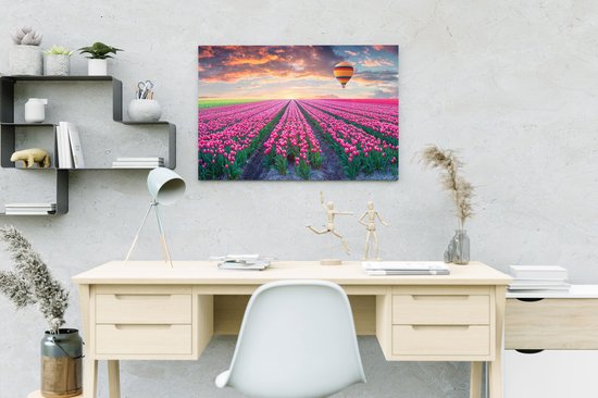 Artaza - Peinture sur toile - Champ de fleurs avec tulipes roses - Montgolfière - 60x40 - Photo sur toile - Impression sur toile