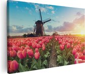 Artaza Canvas Schilderij Roze Tulpen Bloemenveld - Met Windmolen - 60x40 - Foto Op Canvas - Canvas Print